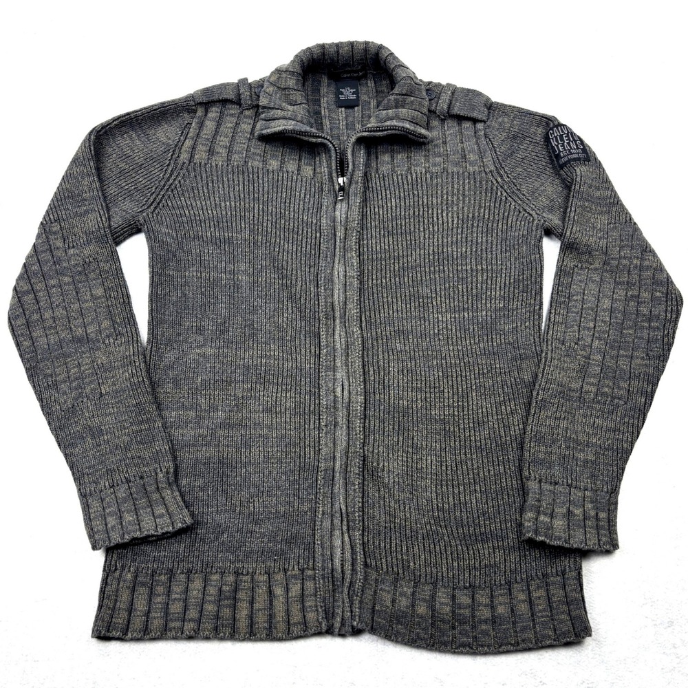 Calvin Klein Jeans Sweater Mens Large Gray Cotton Full Zip Cardigan Jacket Patch
